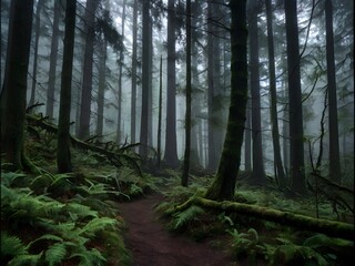 Obraz premium Mystical Foggy Forest Path