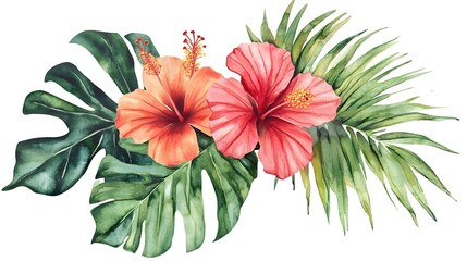Vibrant Tropical Hibiscus and Palm Leaves Floral Arrangement