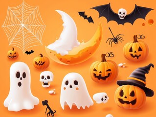 Spooky Halloween Ensemble with Pumpkins and Ghosts