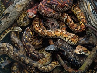 Fototapeta premium A group of snakes intertwined in a tangled mess of branches.