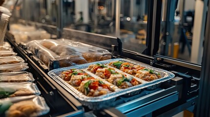Food Conveyor Belt With Prepared Meals