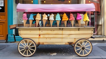 A classic ice cream wagon selling a variety of colored cones