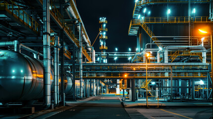 Illuminated gas plant at night showcasing tanks and pipes, creating vibrant industrial atmosphere. scene highlights intricate design and functionality of facility