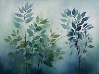 Abstract Watercolor Painting of Green Leaves on a Blue Background