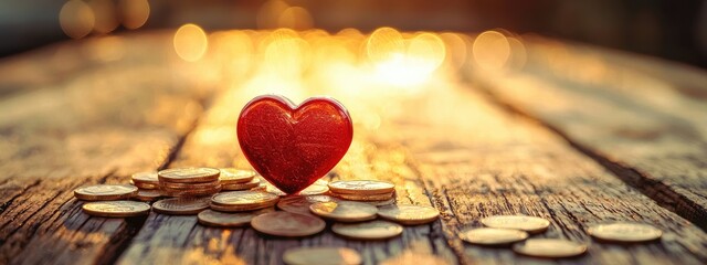 heart coins on a wooden background. Selective focus