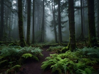 Fototapeta premium Misty Forest Path with Ferns and Trees