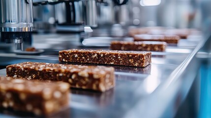 Close-up of Granola Bars on a Conveyor Belt in a Factory Setting