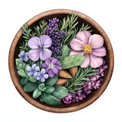 A wooden bowl with variety of dried flowers and herbs creates serene atmosphere