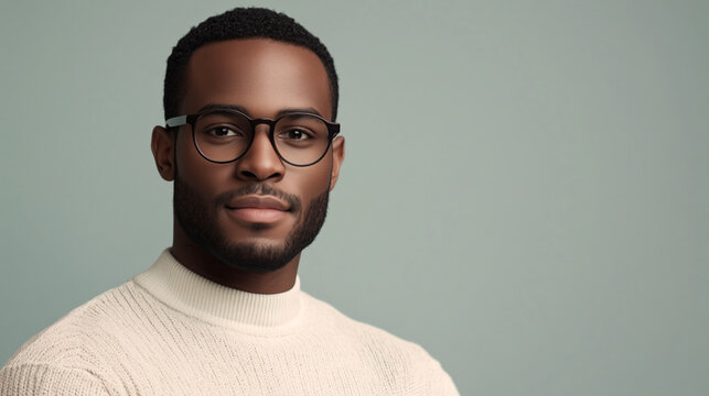 Retrato de hombre con gafas y una ligera sonrisa en la cara. Vestido con ropa moderna de color claro en una pose de tres cuartos. Fondo en color azul claro. Entorno elegante.