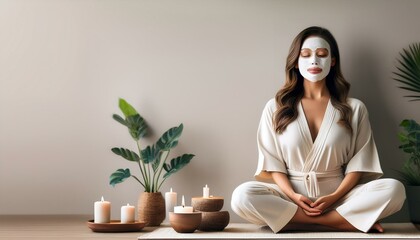 Woman in a Minimalist Spa Setting- A woman practicing self-care, applying a face mask, meditating, and relaxing in a peaceful pose against a neutral, minimal wall