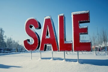 Large SALE sign covered with snow on a bright day