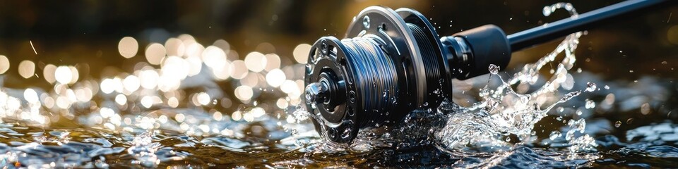 Obraz premium close-up of a reel on a fishing rod. Selective focus