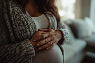 Pregnant woman experiencing discomfort holding her belly, possibly experiencing contractions or indigestion