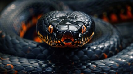 Fototapeta premium A close-up of a black snake with orange eyes, coiled in a defensive posture.