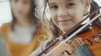 An intimate moment of violin learning as a young girl practices under watchful guidance of an experienced music teacher. Student-teacher connection, creativity, and classical music education.