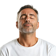Fototapeta premium A man exhaling deeply with his eyes closed and shoulders relaxed, a relieved expression on his face isolated on transparency background