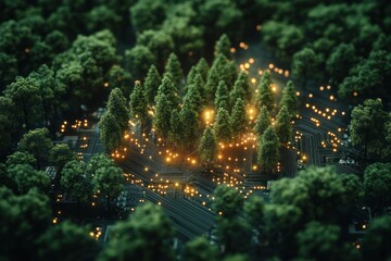 Trees blending with circuit boards and glowing lights.