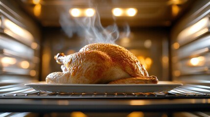 A golden brown turkey is being basted in oven, with steam rising from its crispy skin, creating mouthwatering aroma. This scene captures essence of festive meal preparation
