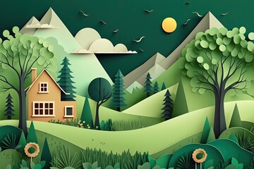 A serene green forest landscape featuring a cozy house amidst rolling hills and tall trees under a clear blue sky