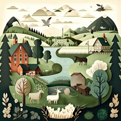 A detailed vector landscape showcasing a tranquil rural setting with a river, farm animals, and rolling hills under a bright sky