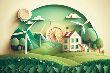 Eco-friendly house amidst lush landscapes and windmills creating a sustainable environment