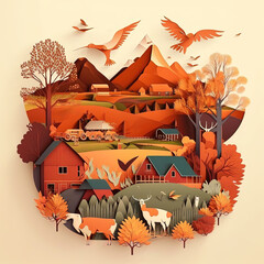 A vibrant autumn landscape showcasing farms, livestock, and mountains in a detailed vector style