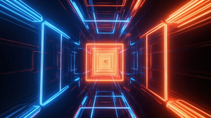 High-tech tunnel with colorful neon light patterns