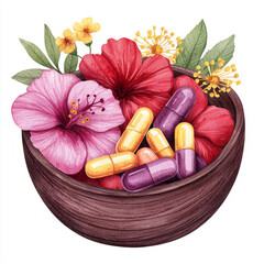 A vibrant wooden bowl filled with colorful capsules and hibiscus flowers evokes sense of wellness