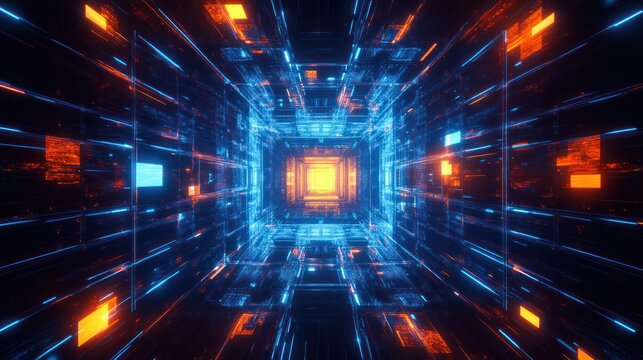 Virtual tunnel with blue and orange luminescent elements