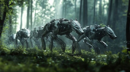 A robotic wolf pack running through a futuristic forest, their sleek metallic bodies moving in perfect unison.