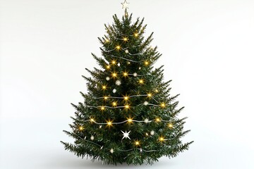 Fototapeta premium Realistic Christmas tree with lights and stars, isolated on white.