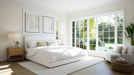 Fototapeta premium Bright, modern bedroom with large windows overlooking a lush garden. The room features a white bed, two wooden nightstands with lamps, a white armchair, a woven pouf, and framed wall art.