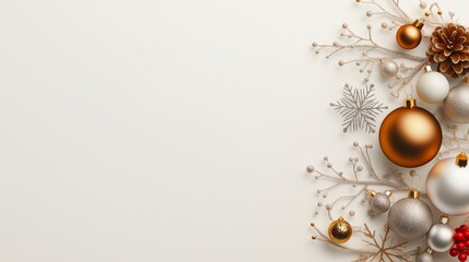 Fototapeta premium Christmas decoration with golden and silver baubles, pinecones, and glitter branches on a light background. Flat lay composition with copy space.
