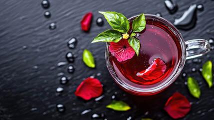 Refreshing hibiscus tea with vibrant petals and leaves, served in a clear glass cup on a dark slate background