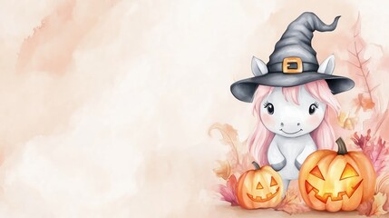 Watercolor unicorn in Halloween, witch costume with pumpkins, autumn leaves, seasonal illustration, holiday concept