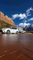 Obraz premium A motorhome travels along a road , showcasing the breathtaking views of mountains, intricate rock formations, and lush greenery during a bright day