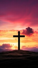 Cross silhouetted against a vibrant sunset, dramatic clouds in the sky, symbolizing hope and faith