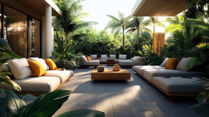 Luxurious outdoor lounge area with modern couches, pillows, coffee tables, and tropical plants creating a serene and elegant ambiance under natural sunlight.