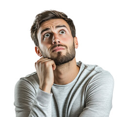 Fototapeta premium A man holding his chin with one hand, eyes wide, and mouth slightly open, looking interested and inquisitive isolated on transparency background