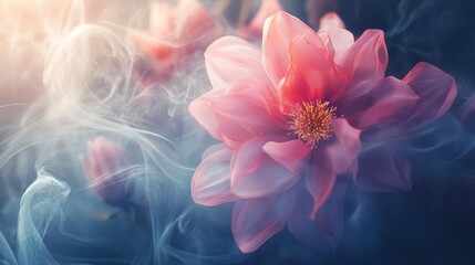 Realistic 3D flower background with wisps of steam, emphasizing the texture and depth of the floral elements. No logos or people present.