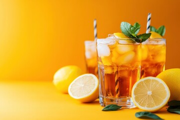 Fototapeta premium Fresh Lemon Iced Tea, copy-space with generative ai