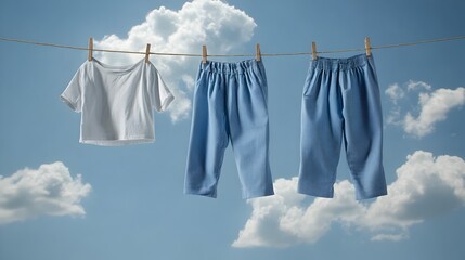Freshly Laundered Clothes Hung Out to Dry on a Clothesline Against a Cloudy Sky