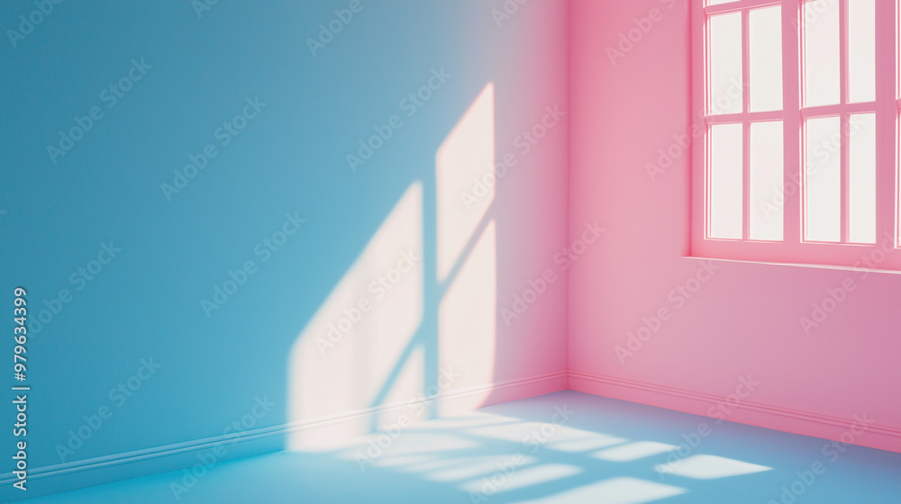 Aufkleber sunlight casting geometric shadows in empty room with pink and blue walls