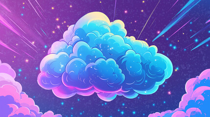 Big fantasy cloud floating in a colorful galaxy with shooting stars