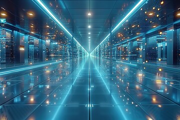 A long, empty, brightly lit room with a blue ceiling