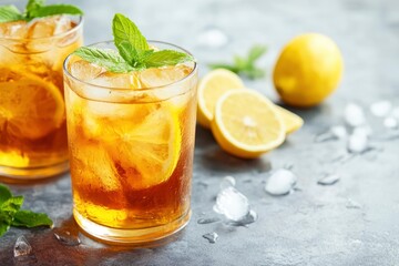 Fototapeta premium Fresh Lemon Iced Tea, copy-space with generative ai