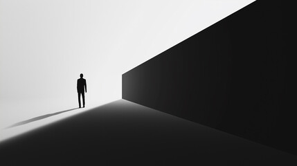 Businessman standing before a wall in a minimal geometric space