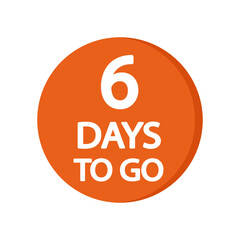 Countdown timer icon. Number six focus. Bold 6 days to go text. Bright orange background.