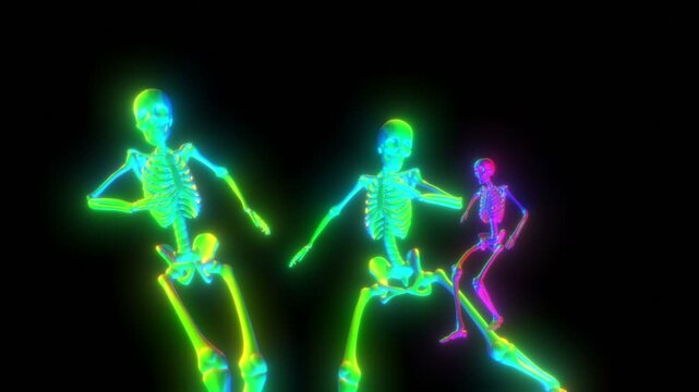Seamless animation of salsa dancing skeletons. Funny halloween background with neon fluorescent effect for parties and events.
