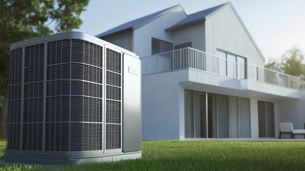 Heat pump standing in a garden in front of a modern house